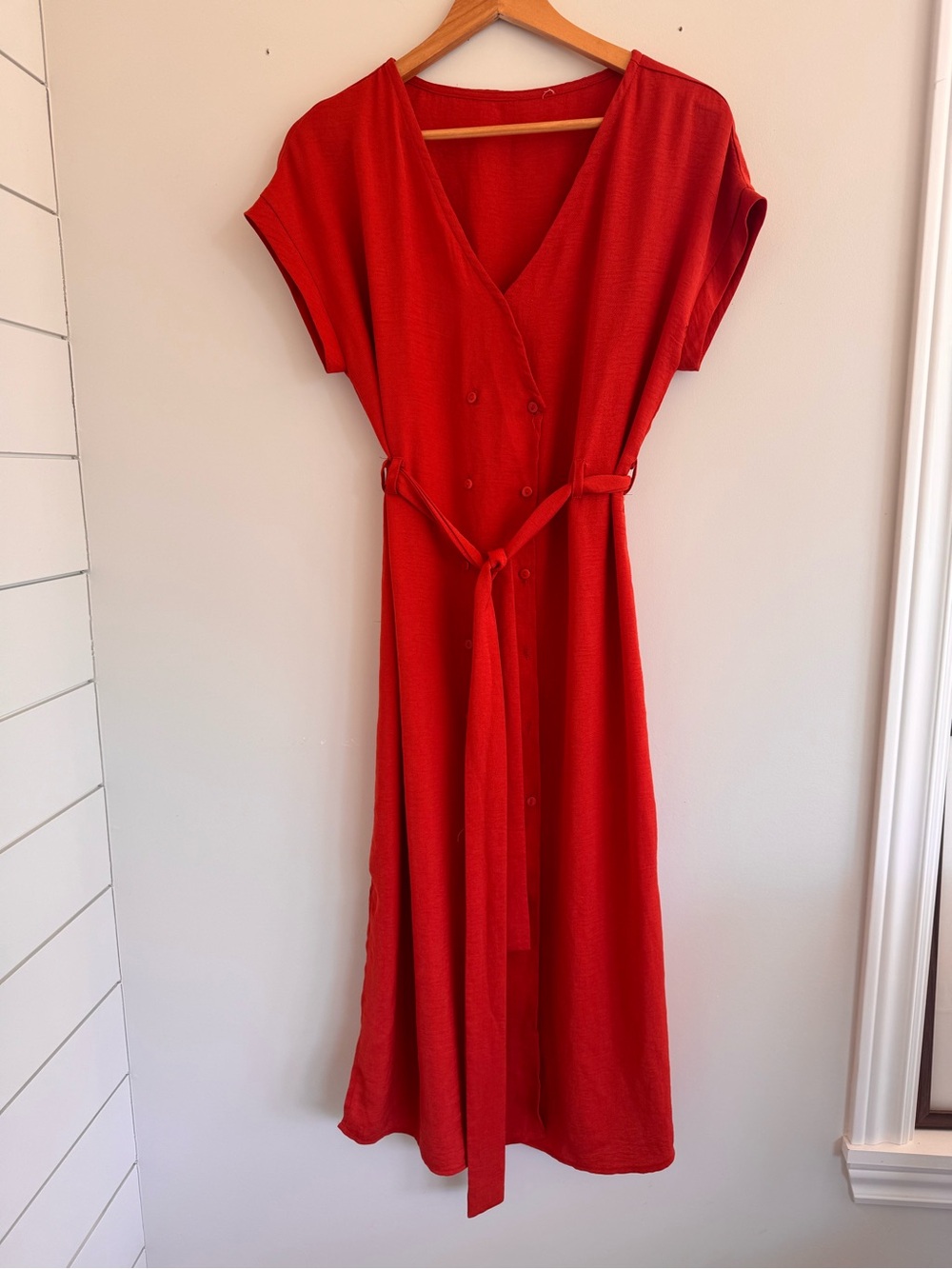 V-Neck Midi Dress with Self-Tie Belt